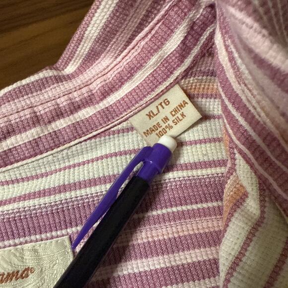 Tommy Bahama Men's XL Short Sleeve Retro Pink Cream Stripe Silk Camp Shirt Silk - Picture 5 of 7